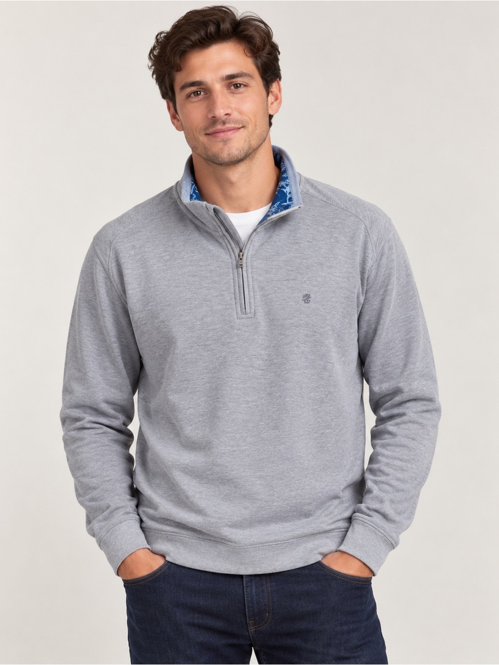 Izod Gray Quarter-Zip Pullover with Blue Collar Accent